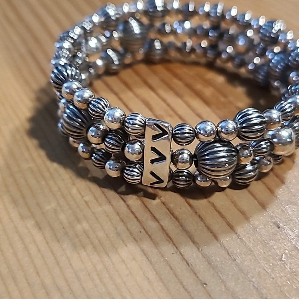 Carolyn Pollack Silver Native Pearl Stamped Triple Coil Wrap Beaded Bracelet